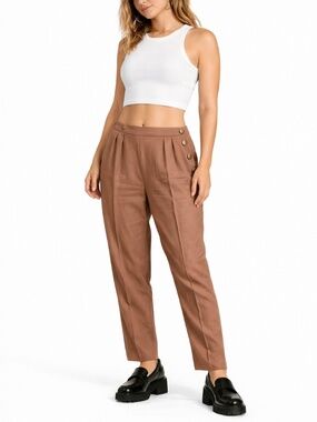 Cynthia Steffe Size 8 Pleated Light Brown Trousers with Ornate Buttons